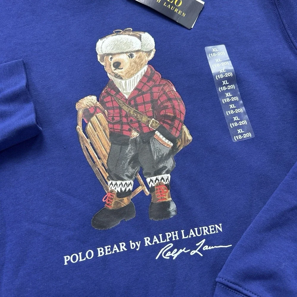 Polo Ralph Lauren Hoodie Boys XL (18-20) Blue Polo Bear Winter Pullover Fleece